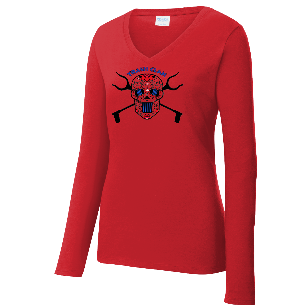 Trash Clan Sugar Skull Ladies V-Neck Long Sleeve T-Shirt