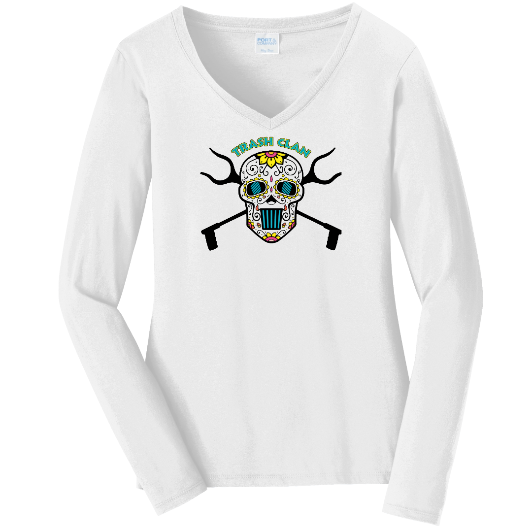 Trash Clan Sugar Skull Ladies V-Neck Long Sleeve T-Shirt - "Accent Bling"