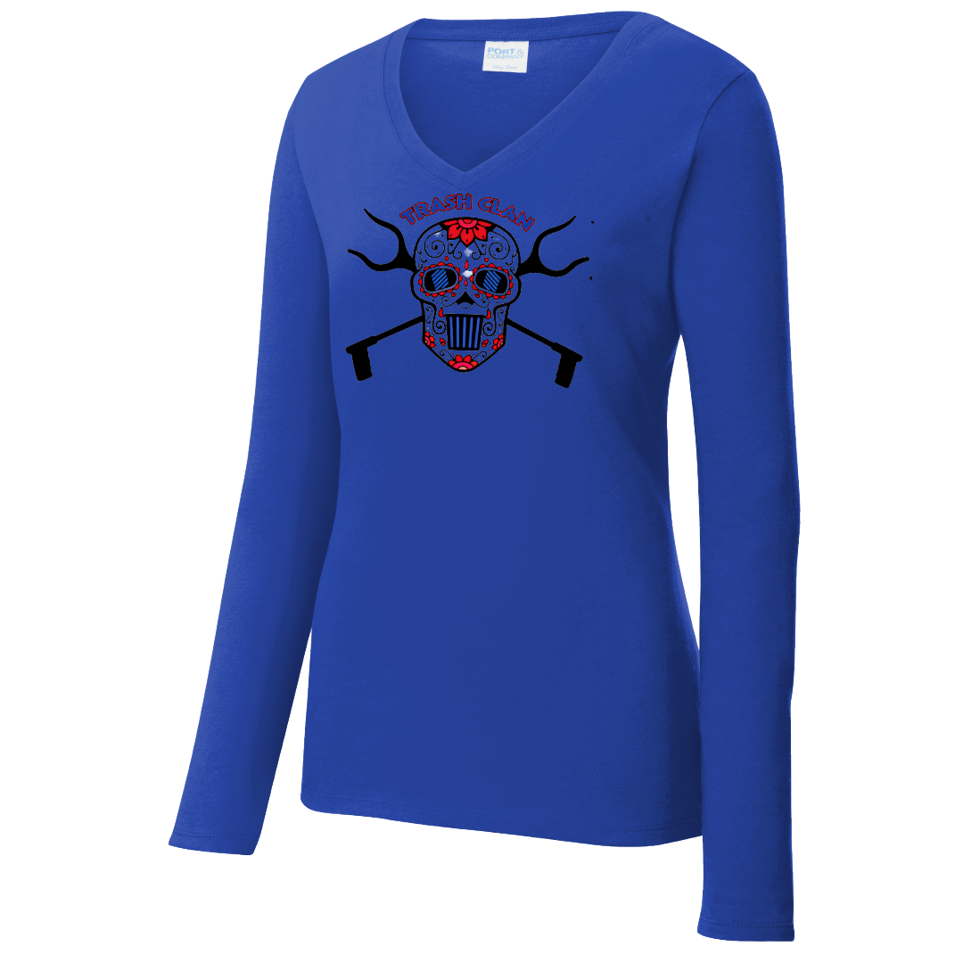 Trash Clan Sugar Skull Ladies V-Neck Long Sleeve T-Shirt - "Accent Bling"