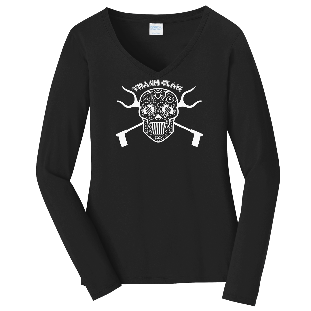 Trash Clan Sugar Skull Ladies V-Neck Long Sleeve T-Shirt - "Accent Bling"